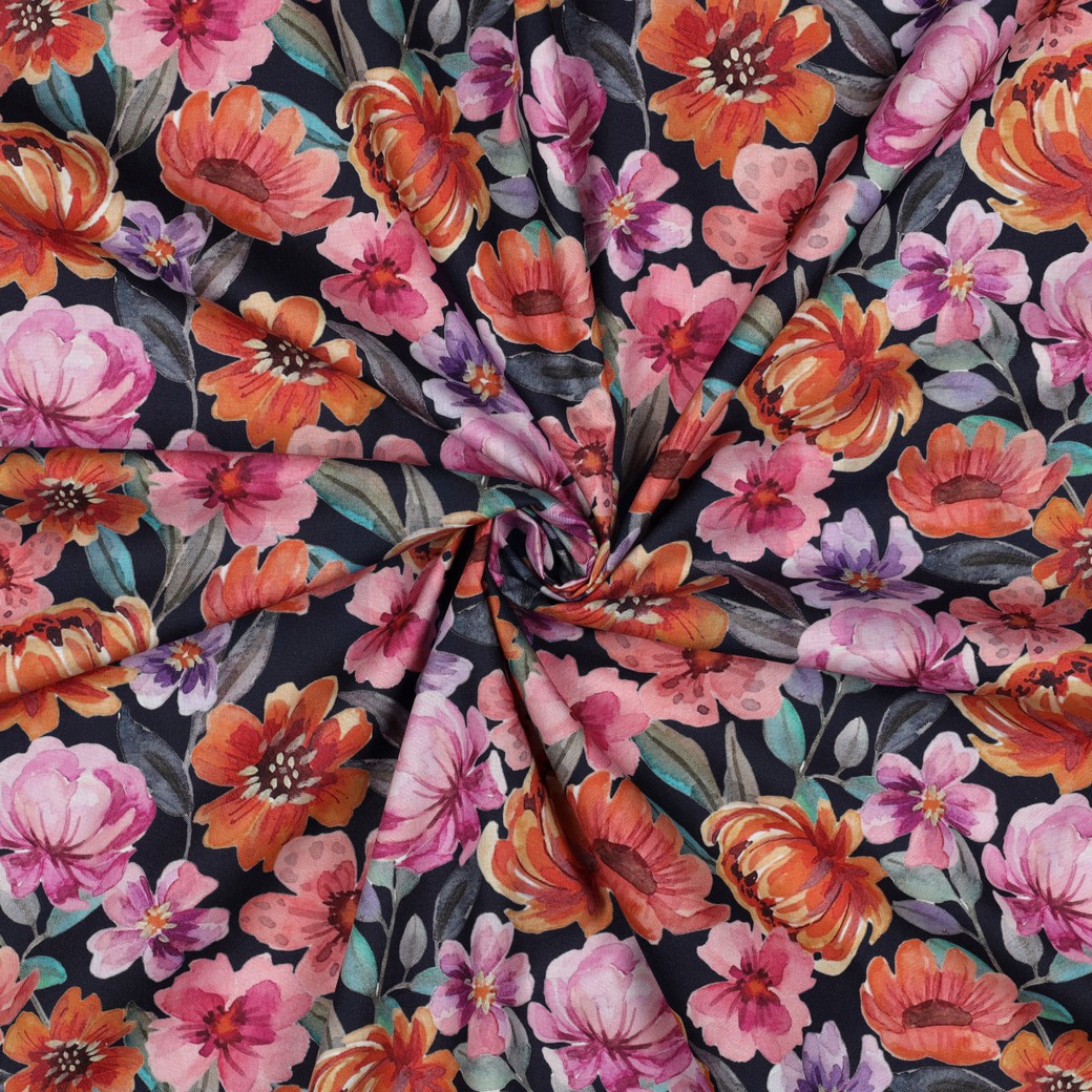 FEIN GEWEBTE BAUMWOLLPOPELINE DIGITAL BLUMEN MARINEBLAU #7