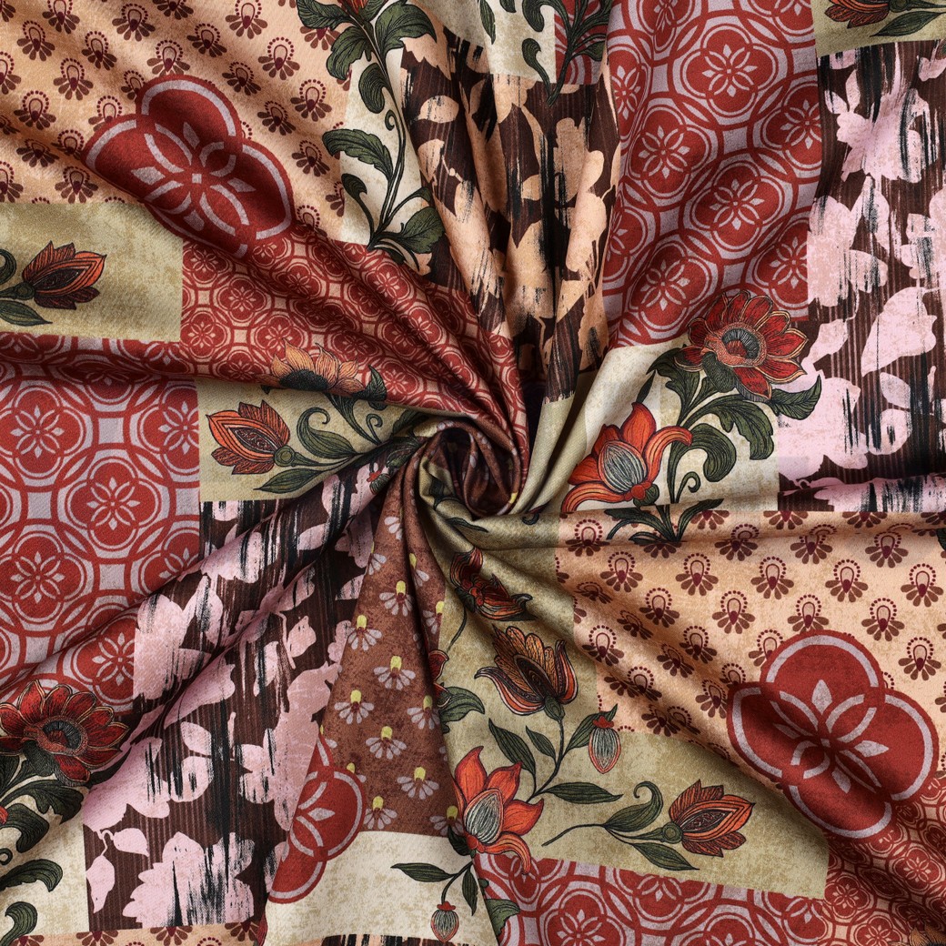 COTTON SATIN DIGITAL PATCHWORK RED #7