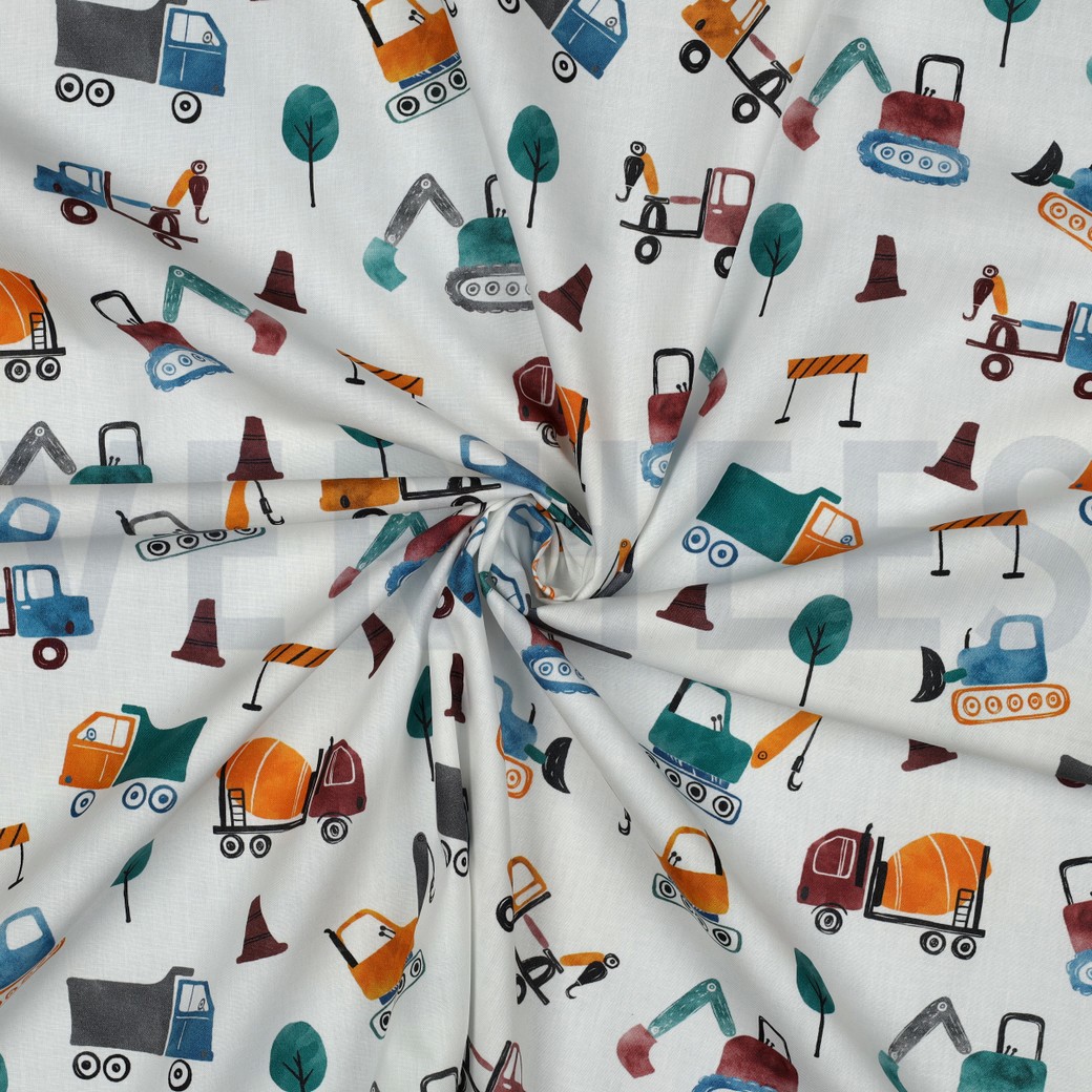 FINE POPLIN DIGITAL CONSTRUCTION VEHICLES WHITE #7
