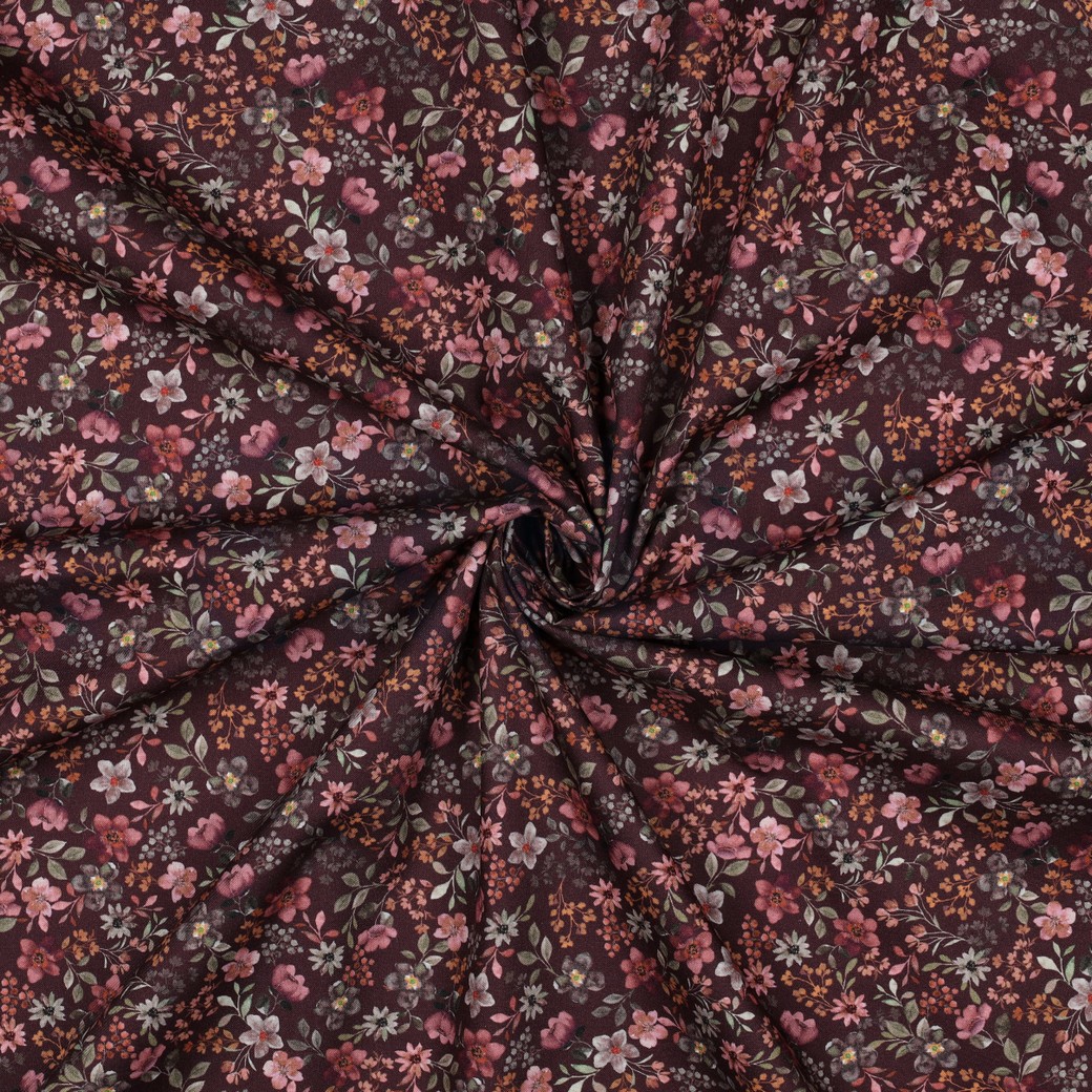 FIJNGEWEVEN KATOENEN POPLIN DIGITAAL BLOEMEN BORDEAUXROOD #7