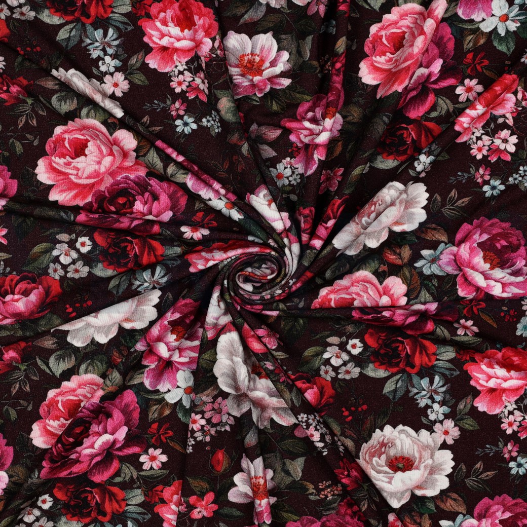 VISKOSE JERSEY DIGITAL BLUMEN BORDEAUXROT #7