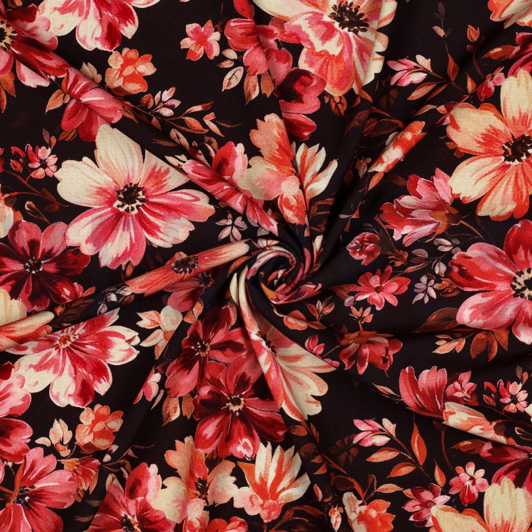 VISKOSE STRETCH DIGITAL BLUMEN BORDEAUXROT #7