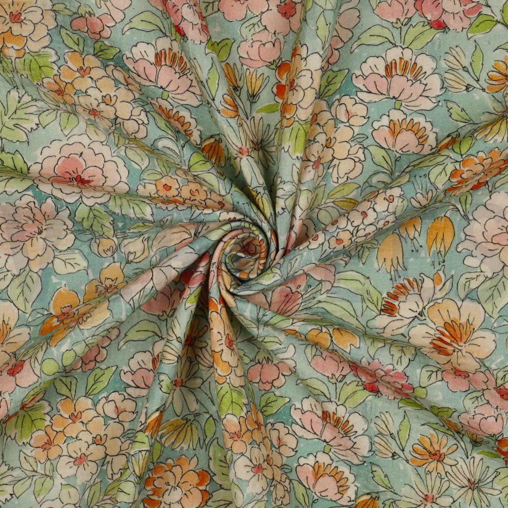 DOUBLE GAUZE DIGITAL FLOWERS GREEN #7