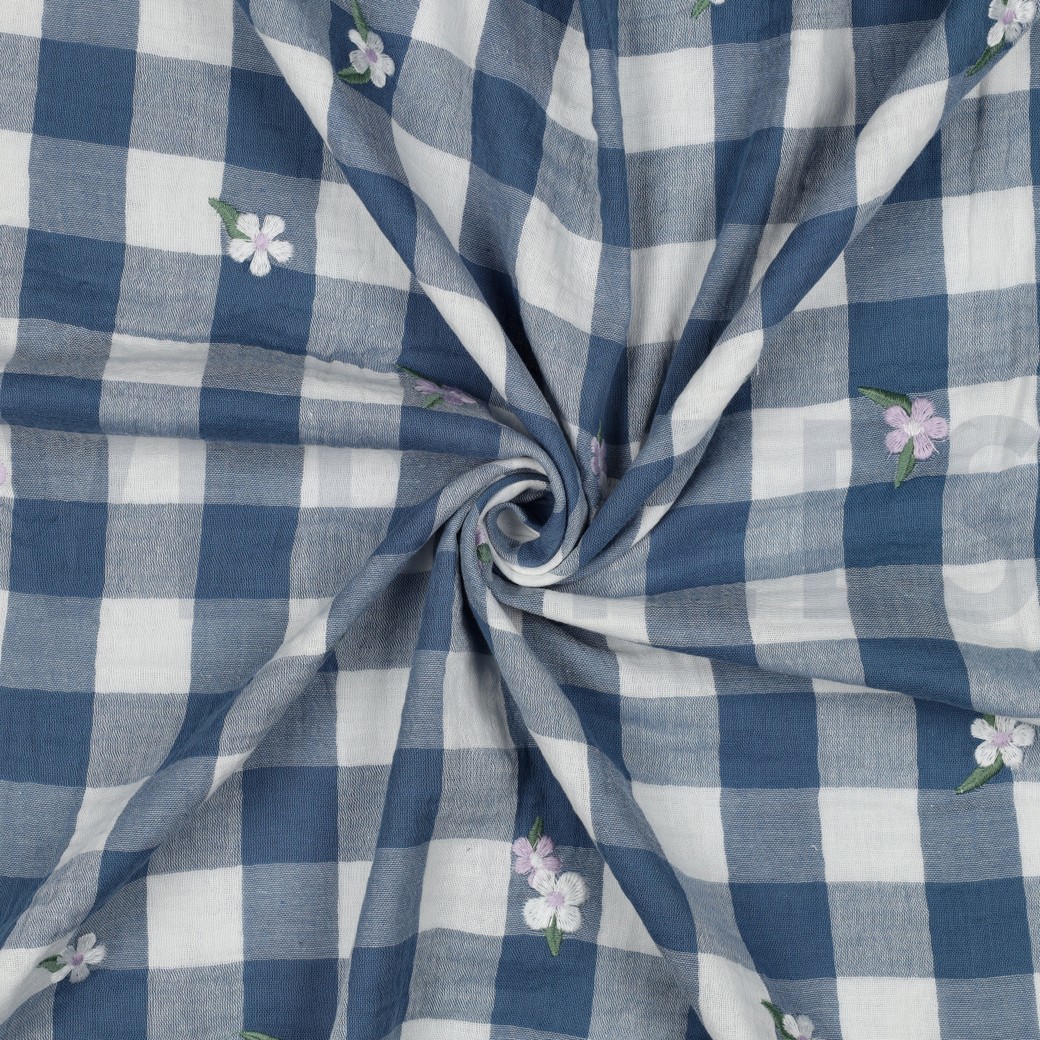 MUSSELIN KAROS STICKEREI BLUMEN BLAU #7