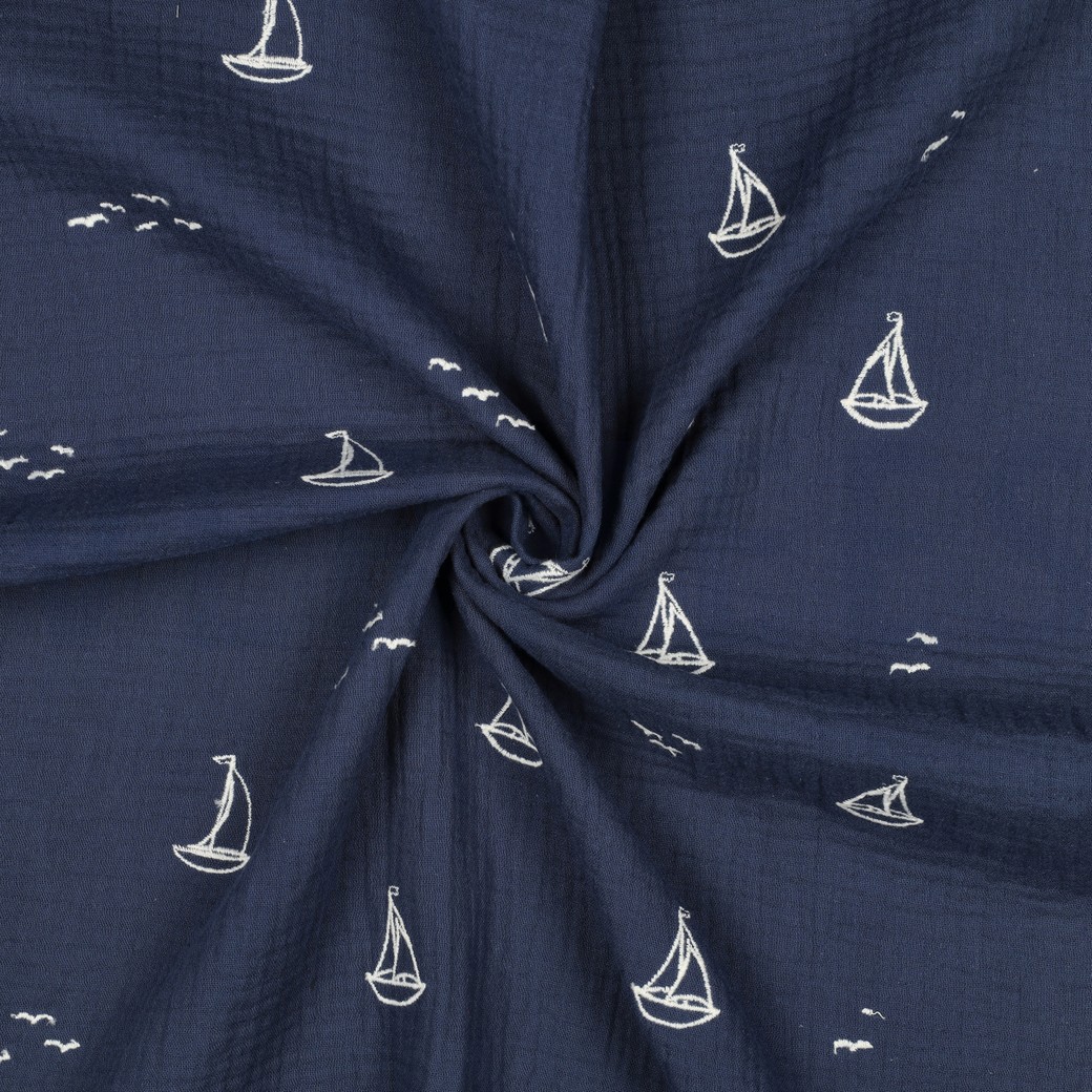 DOUBLE GAUZE EMBROIDERY BOATS NAVY #7