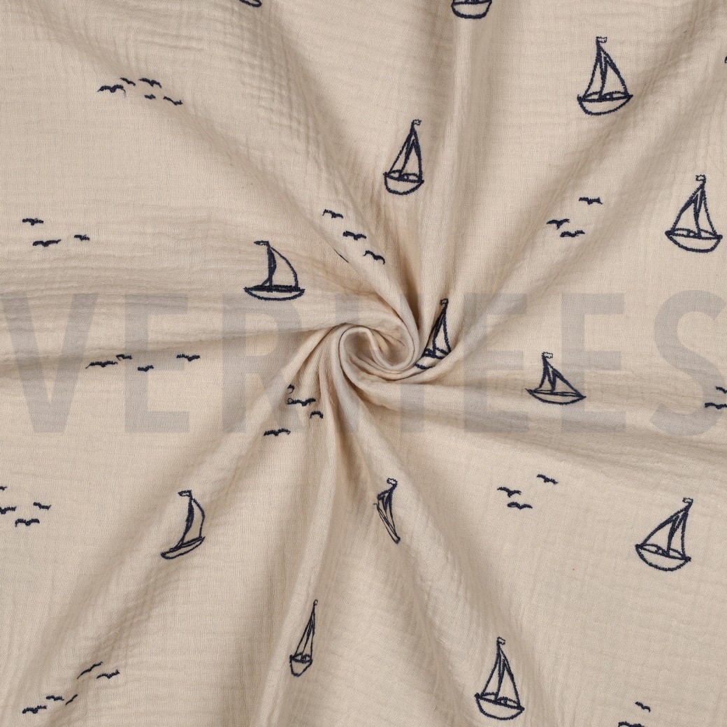 DOUBLE GAUZE EMBROIDERY BOATS NATURAL #7