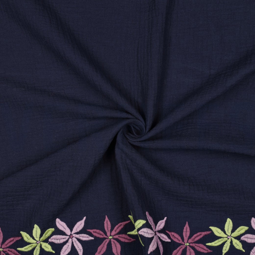 MUSSELIN ZWEISEITIGER RAND BLUMEN MARINEBLAU #7