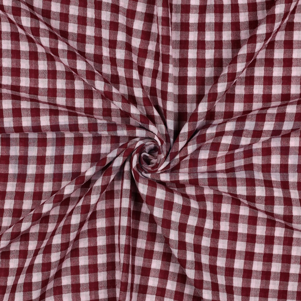 DOUBLE GAUZE GARENGEVERFD STREPEN & RUITEN BORDEAUXROOD #7