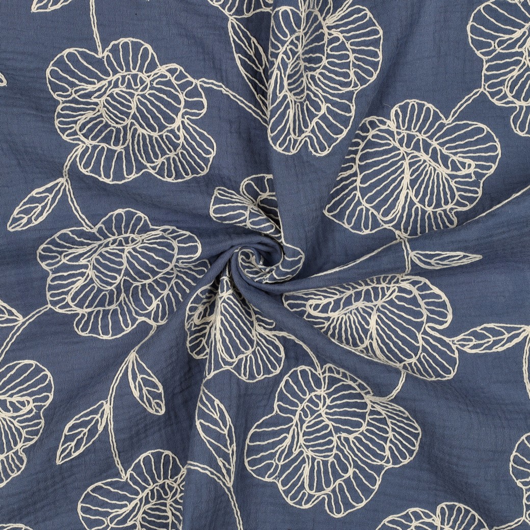 MUSSELIN STICKEREI BLUMEN BLAU #7