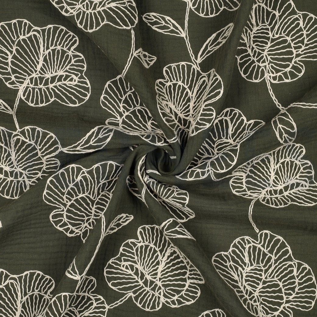 DOUBLE GAUZE EMBROIDERY FLOWERS GREEN #7