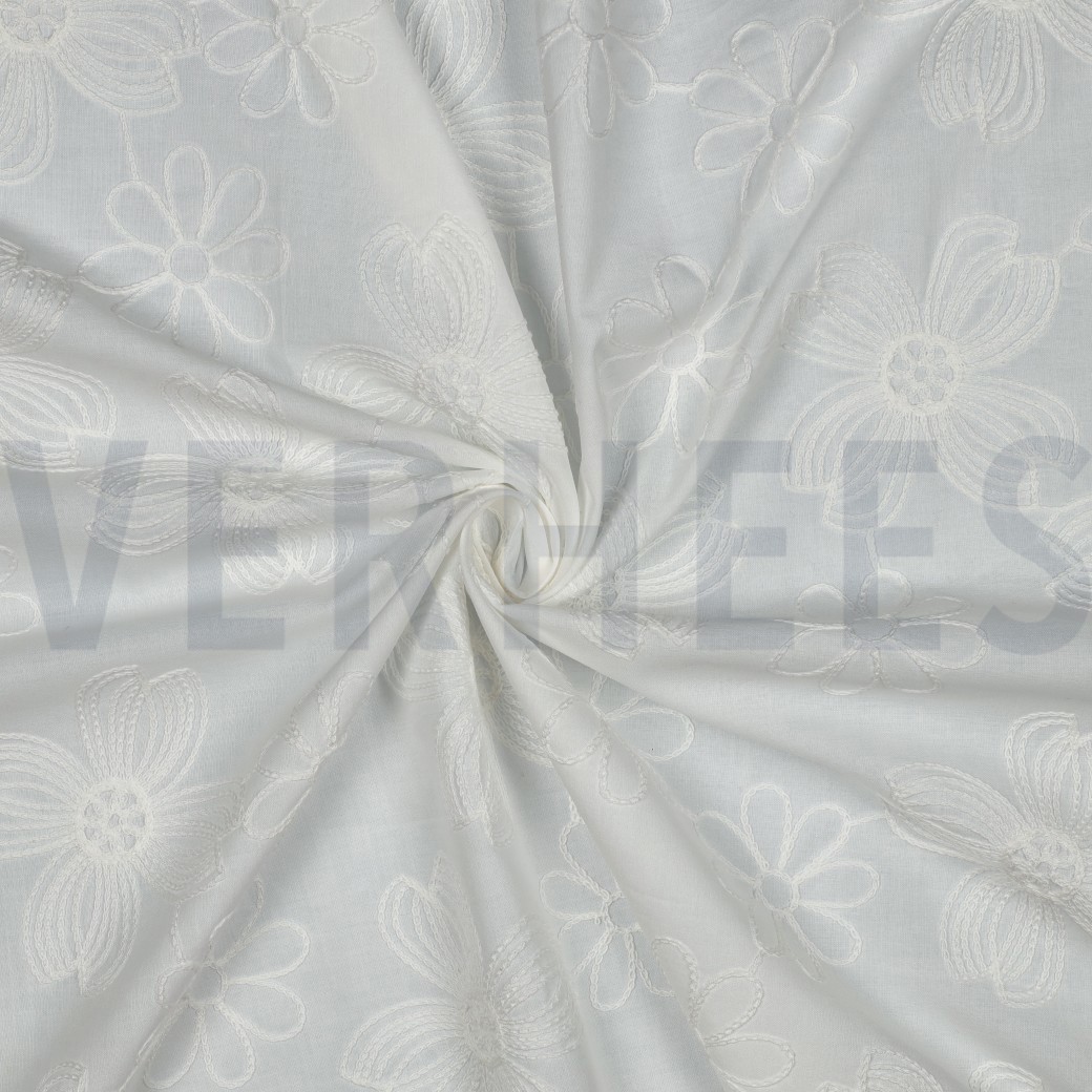 KATOENEN VOILE EMBROIDERY BLOEMEN WIT #7