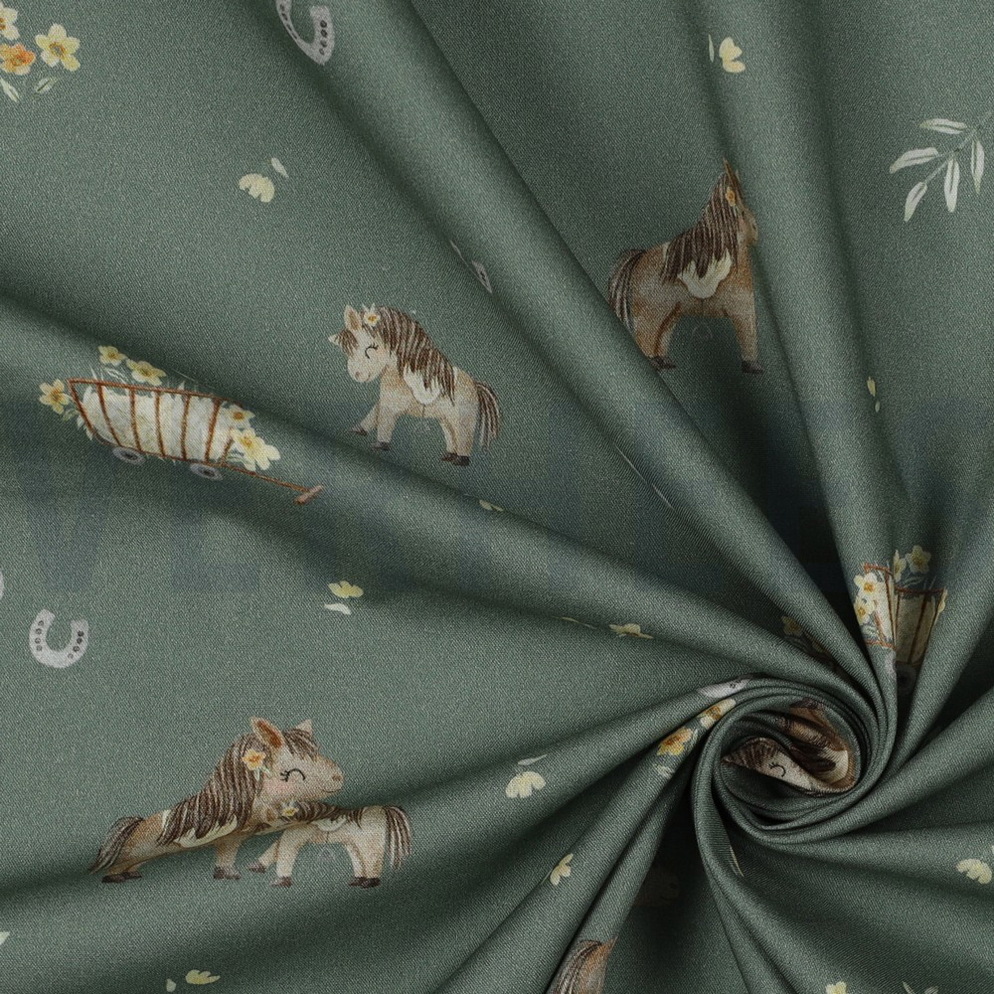 POPELINE DE COTON DIGITAL CHEVAUX ADORABLES VERT (high resolution) #3