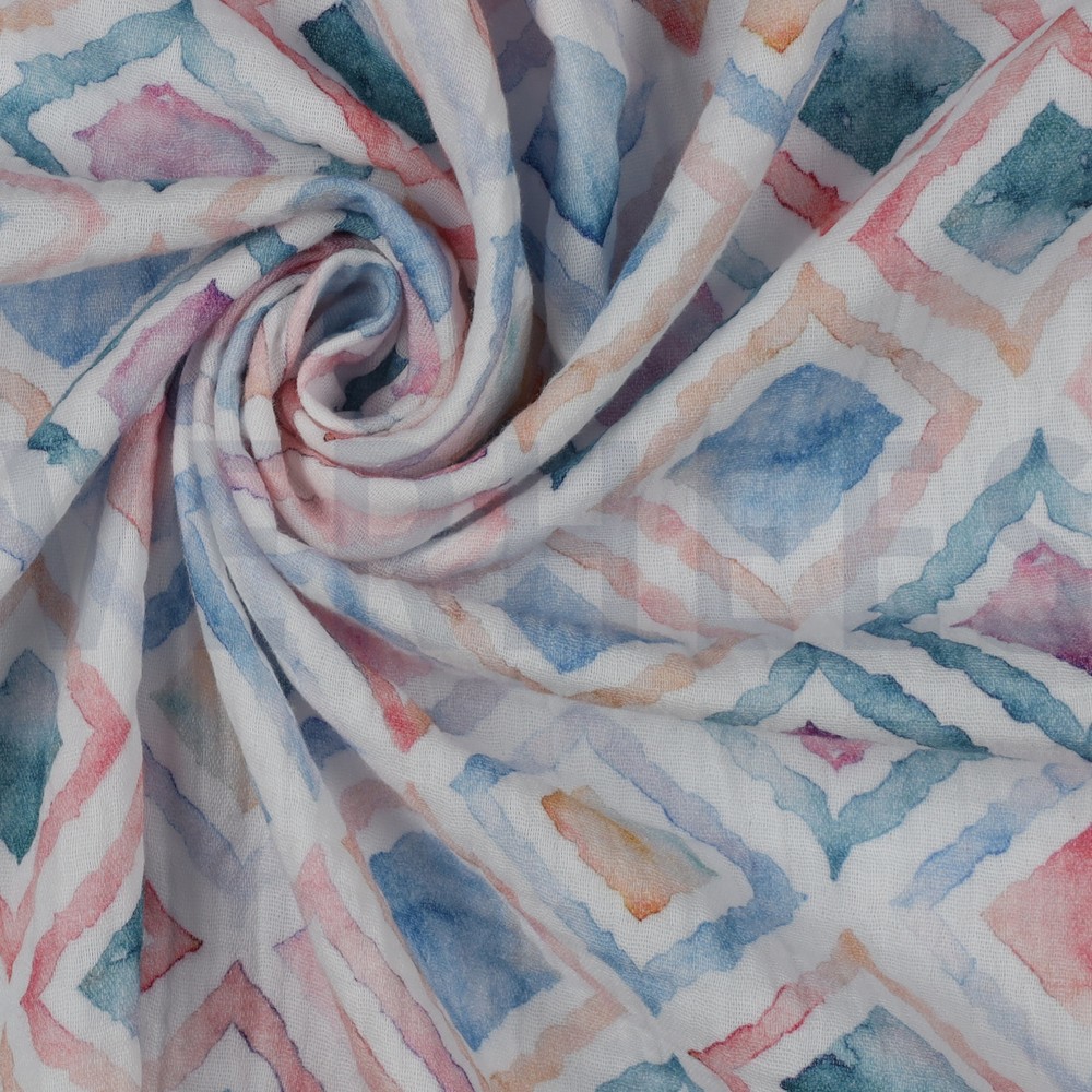DOUBLE GAUZE DIGITAAL GEO WATERVERF BLAUW #7