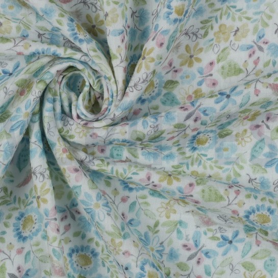 DOUBLE GAZE DE COTON GOTS DIGITAL  FLEURS BLEU #7