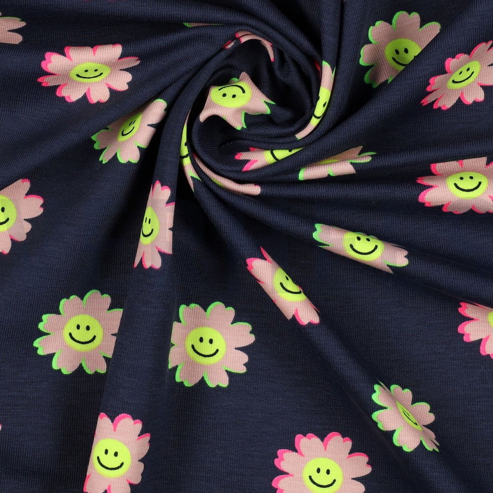 JERSEY NEON FLEURS HEUREUSES BLEU MARINE #7