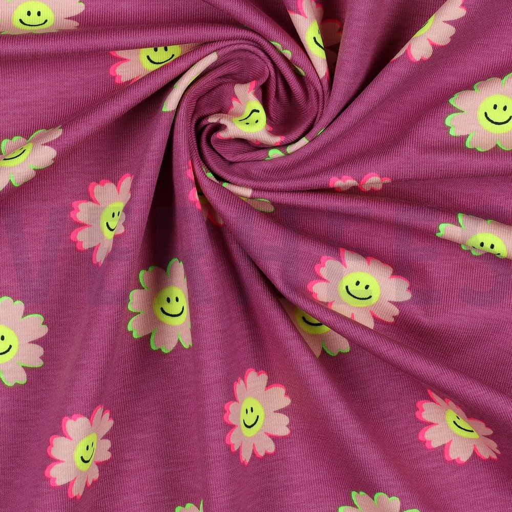 JERSEY NEON FLEURS HEUREUSES FUCHSIA #7
