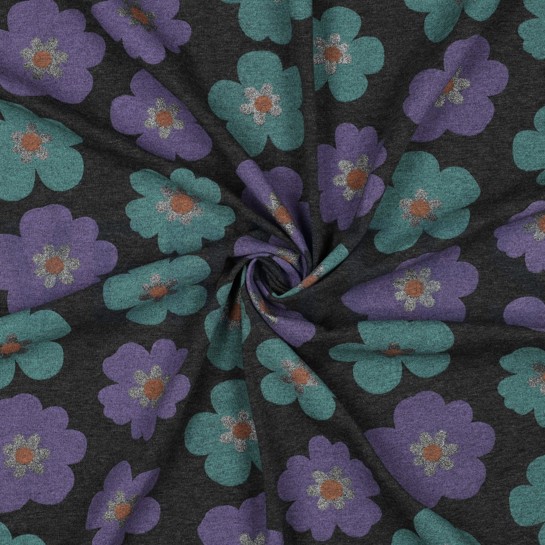 JERSEY MELANGE GLITTER GROTE BLOEMEN ANTHRACIET GEMÊLEERD #7