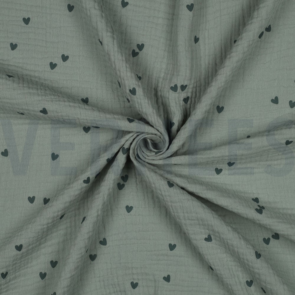 DOUBLE GAZE DE COTON PETITS COEURS VERT NIL #7
