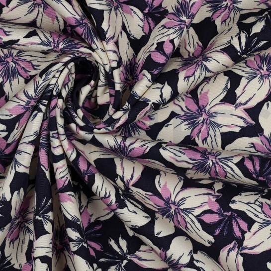 VISCOSE ROSELLA STRETCH BLOEMEN MARINEBLAUW #7