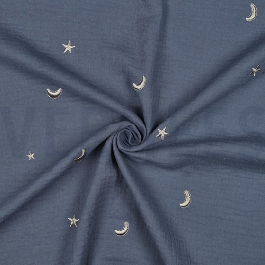 DOUBLE GAZE DE COTON BRODERIE ÉTOILES JEAN BLEU #7