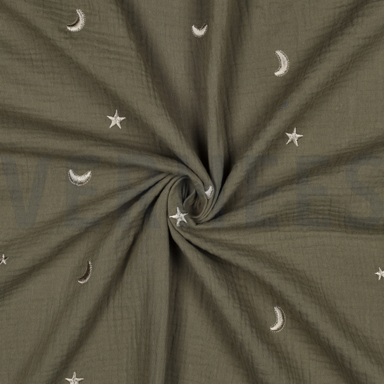 MUSSELIN STICKEREI STERNE MOOSGRÜN #7