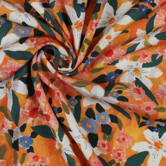 VISCOSE POPLIN STRETCH DIGITAAL BLOEMEN ORANJE #7