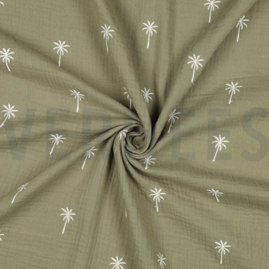 DOUBLE GAZE DE COTON BRODERIE PALMIERS VERT MOUSSE #7
