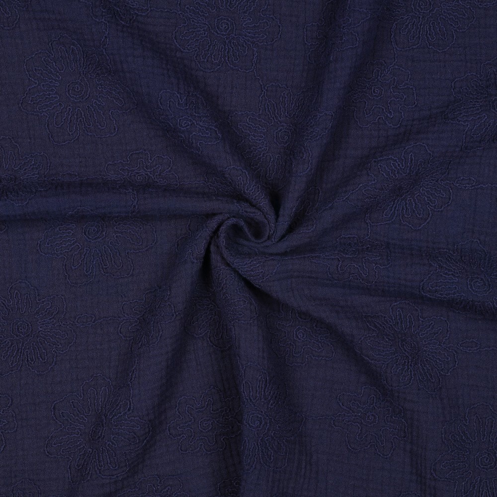 DOUBLE GAUZE EMBROIDERY BLOEMEN MARINEBLAUW #7