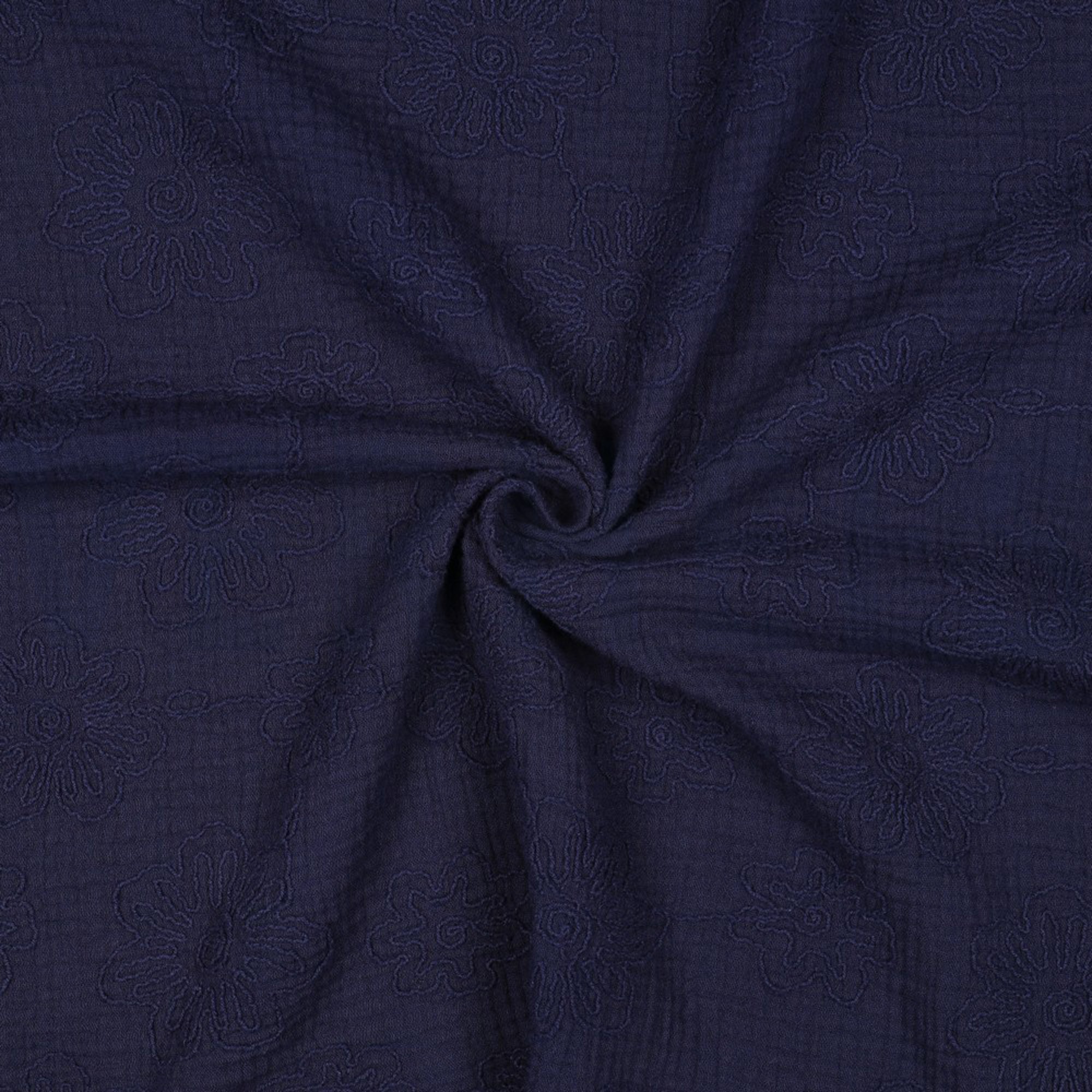 DOUBLE GAZE DE COTON BRODERIE FLEURS BLEU MARINE (high resolution) #3