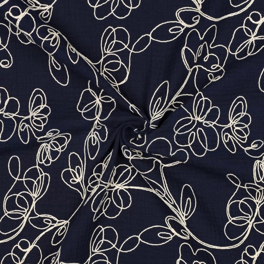 DOUBLE GAZE DE COTON BRODERIE FLEURS BLEU MARINE #7
