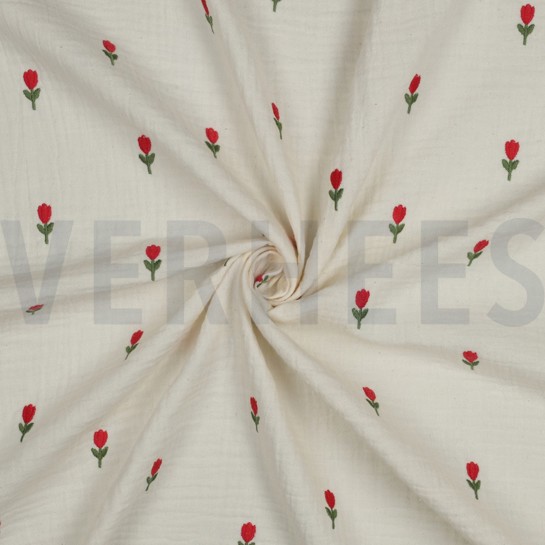 DOUBLE GAZE DE COTON BRODERIE FLEURS NATUREL #7