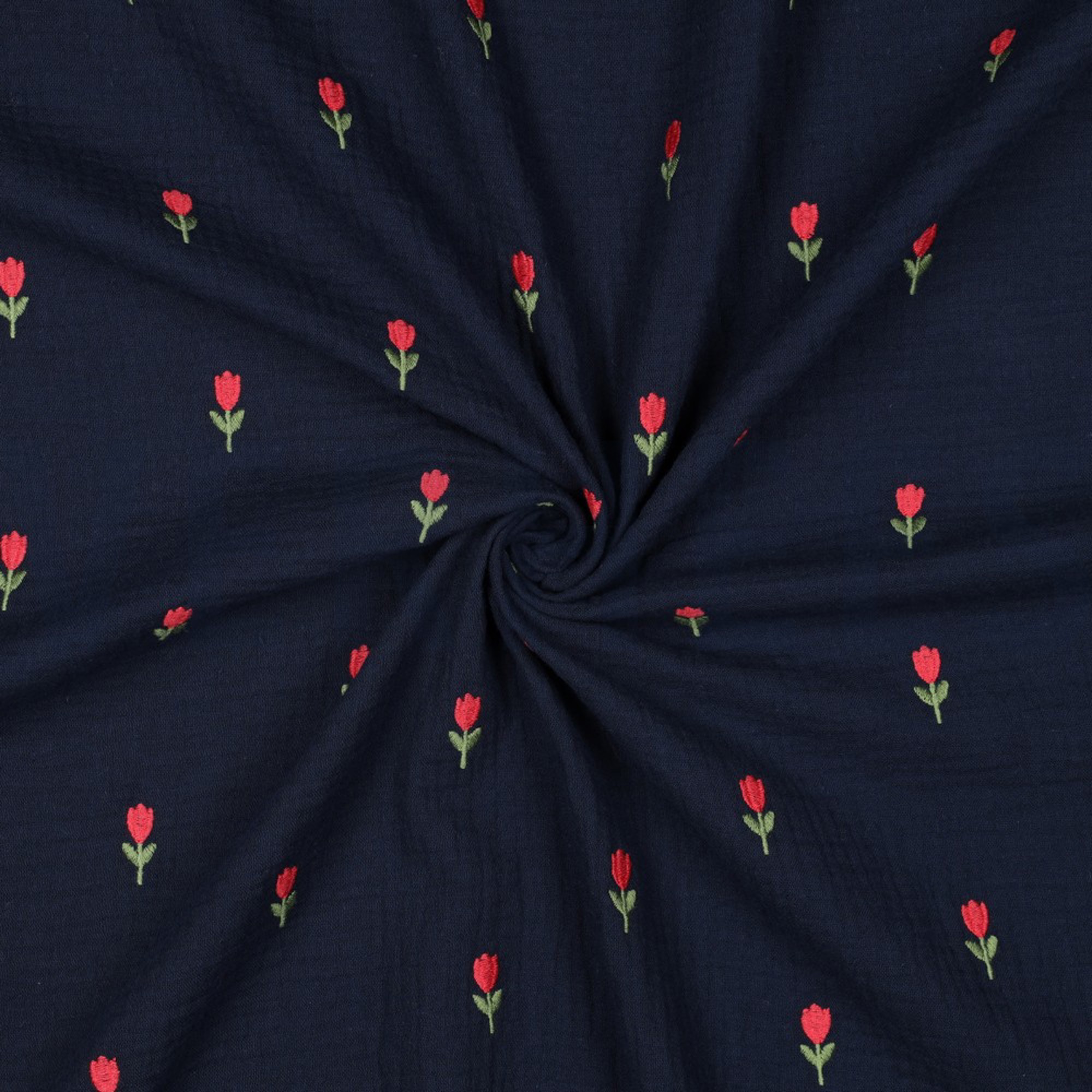 DOUBLE GAZE DE COTON BRODERIE FLEURS BLEU MARINE (high resolution) #3