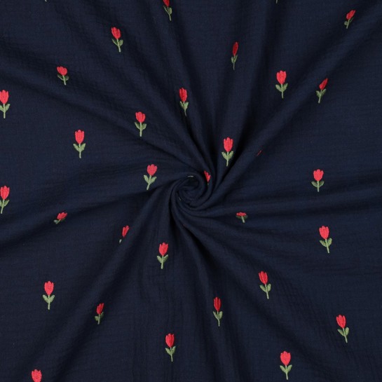 DOUBLE GAZE DE COTON BRODERIE FLEURS BLEU MARINE #7