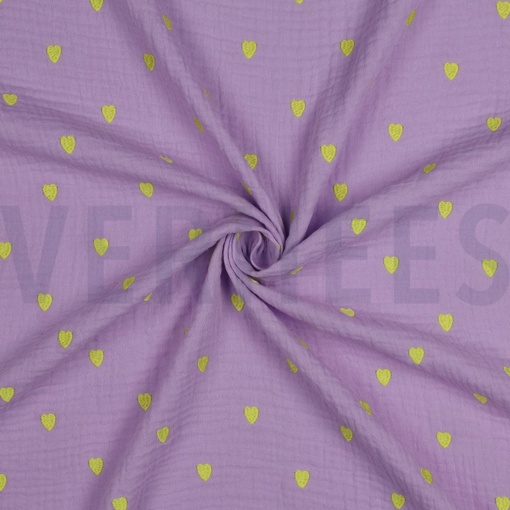 DOUBLE GAUZE EMBROIDERY NEON HEARTS LAVENDER #7