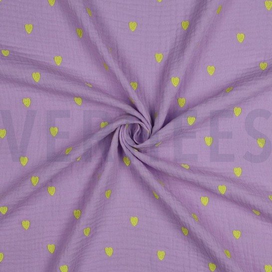DOUBLE GAZE DE COTON BRODERIE COEURS NEON LAVANDE #7
