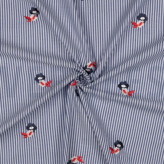 COTON RAYURES BRODERIE FLEURS BLEU #7
