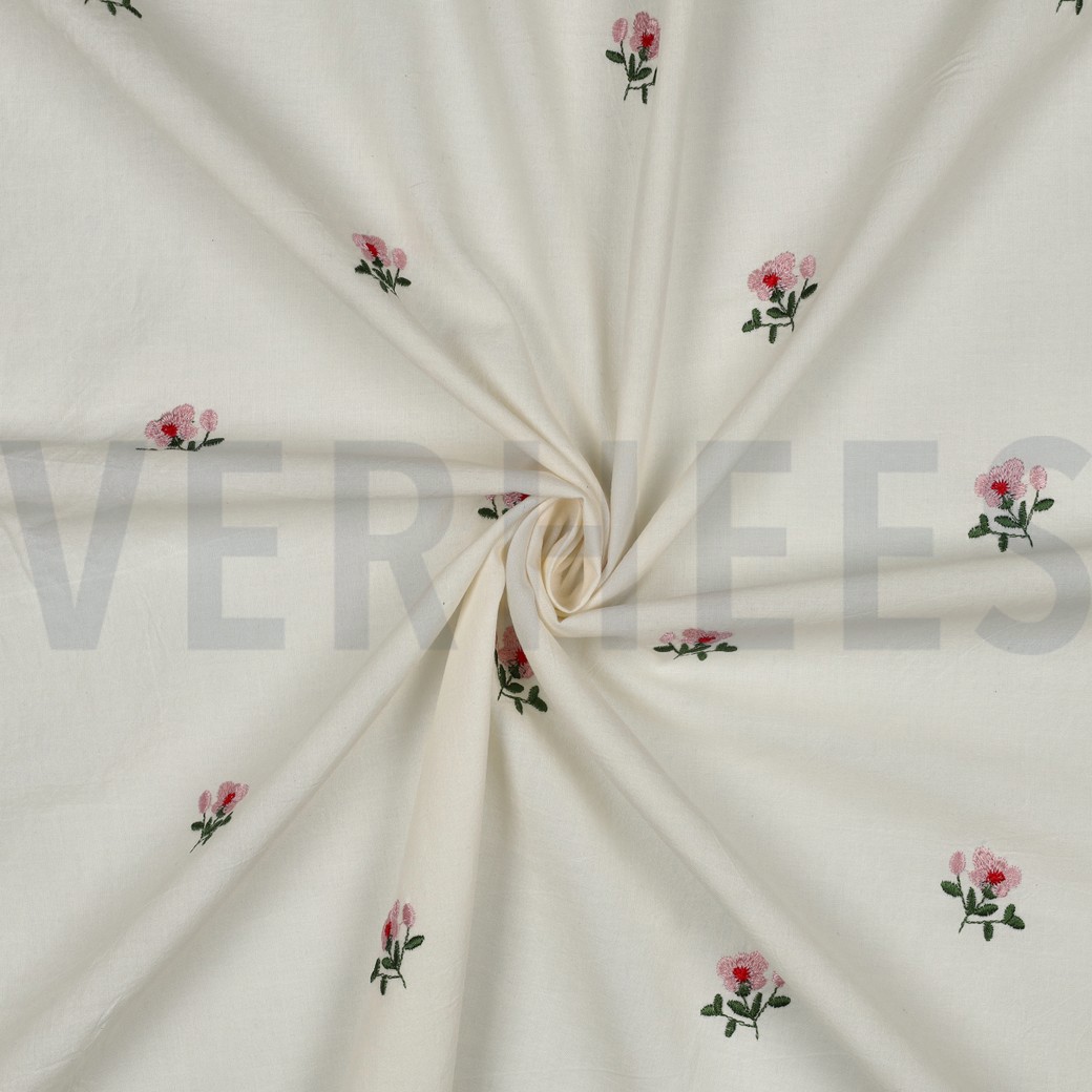 BAUMWOLLE VOILE KRINKEL STICKEREI BLUMEN GEBROCHEN WEISS #7