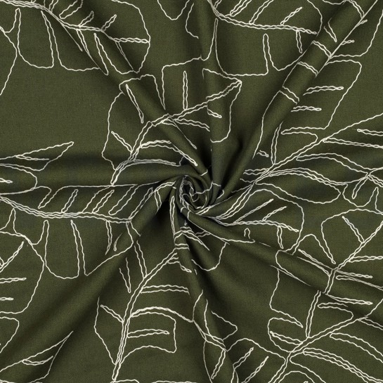 LINEN VISCOSE EMBROIDERY LEAVES FOREST GREEN #7