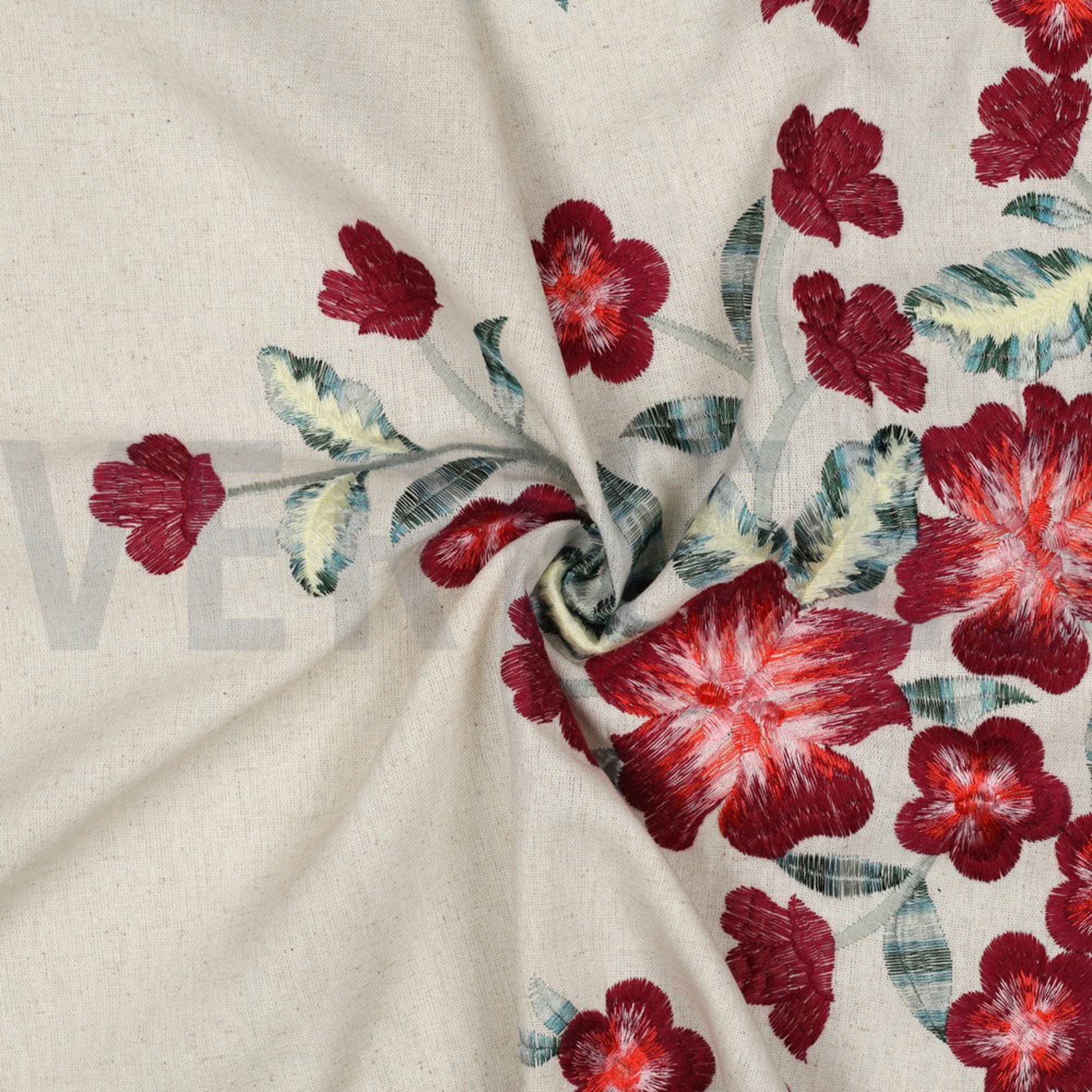 LINEN VISCOSE ONE-SIDE BORDER FLOWERS CERISE (high resolution) #3