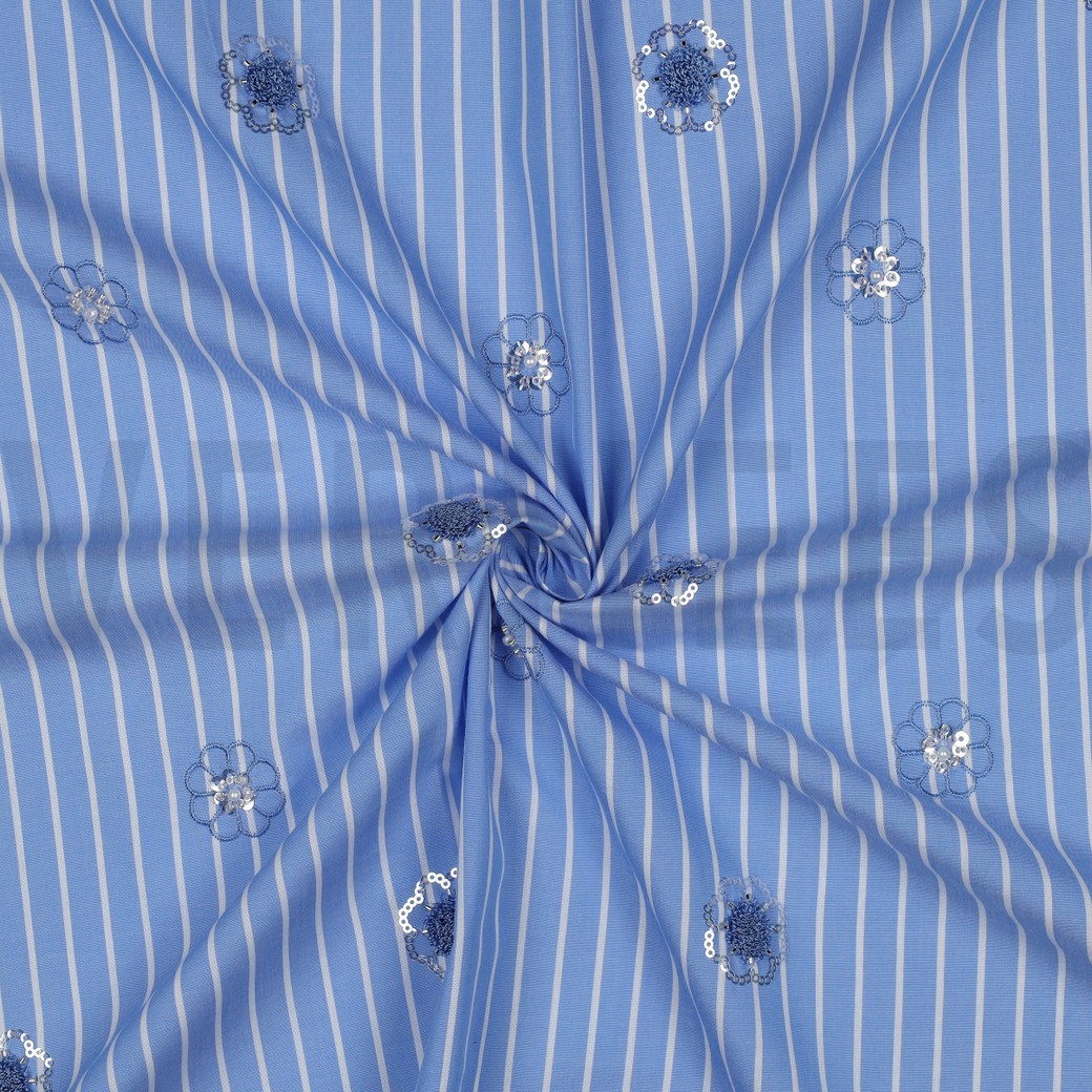 COTTON STRIPES SEQUINS FLOWERS BLUE #7