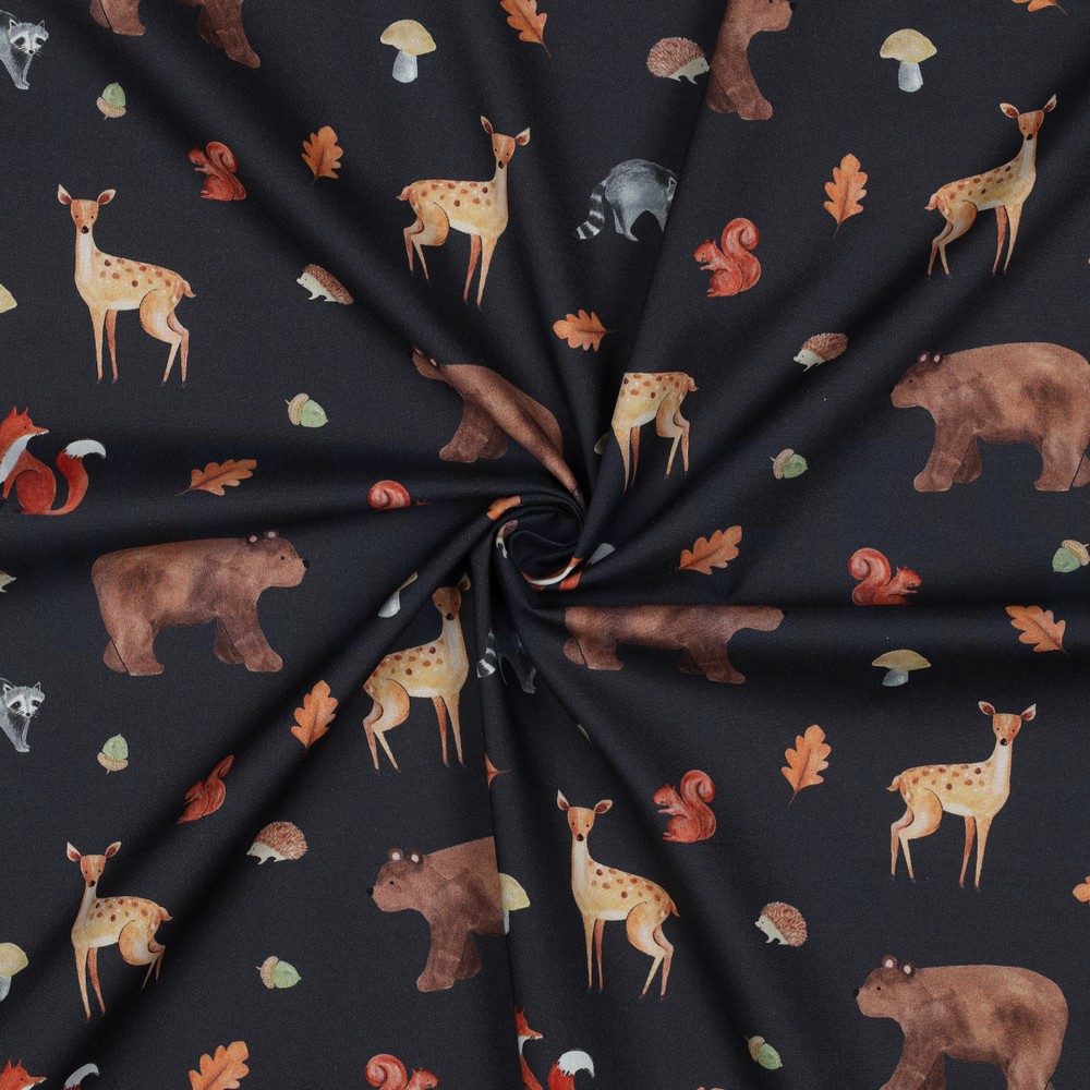 FINE POPLIN DIGITAL FOREST ANIMALS NAVY #7