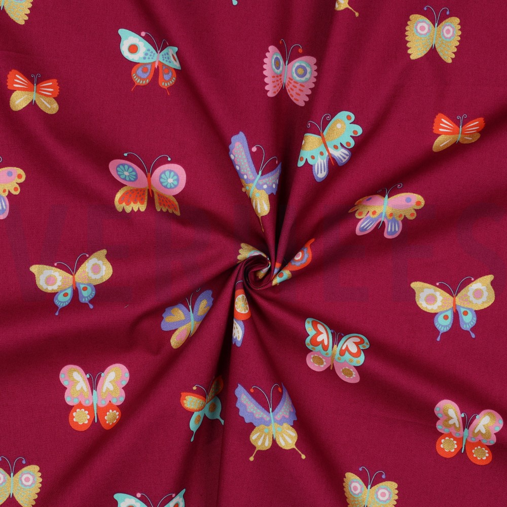 FEIN GEWEBTE BAUMWOLLPOPELINE FOLIE SCHMETTERLINGE FUCHSIA #7