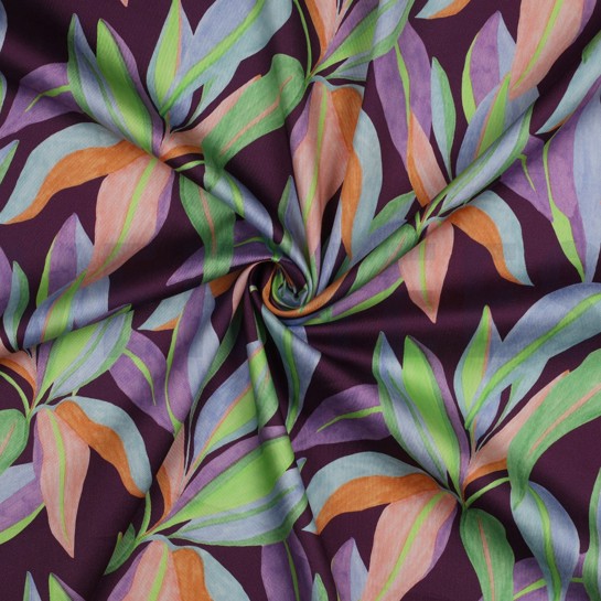 KATOEN SATIJN DIGITAAL BLADEREN DONKERPAARS #7