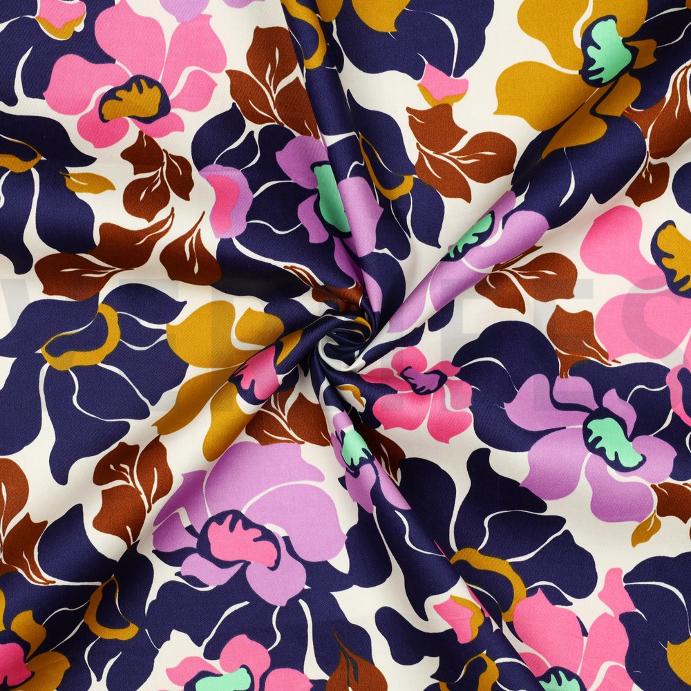 KATOEN SATIJN ABSTRACTE BLOEMEN DONKERBLAUW/ROZE #7