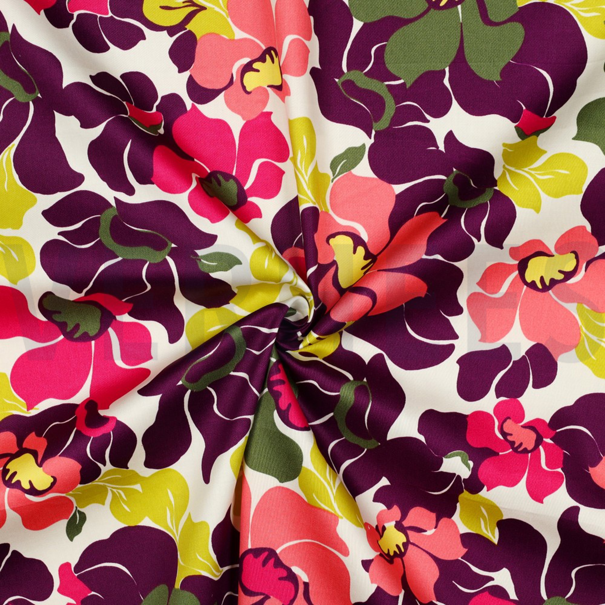 COTTON SATIN ABSTRACT FLOWERS DARK PURPLE/SALMON (high resolution) #3