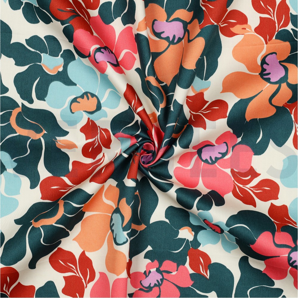 KATOEN SATIJN ABSTRACTE BLOEMEN DONKERGROEN/PERZIK #7