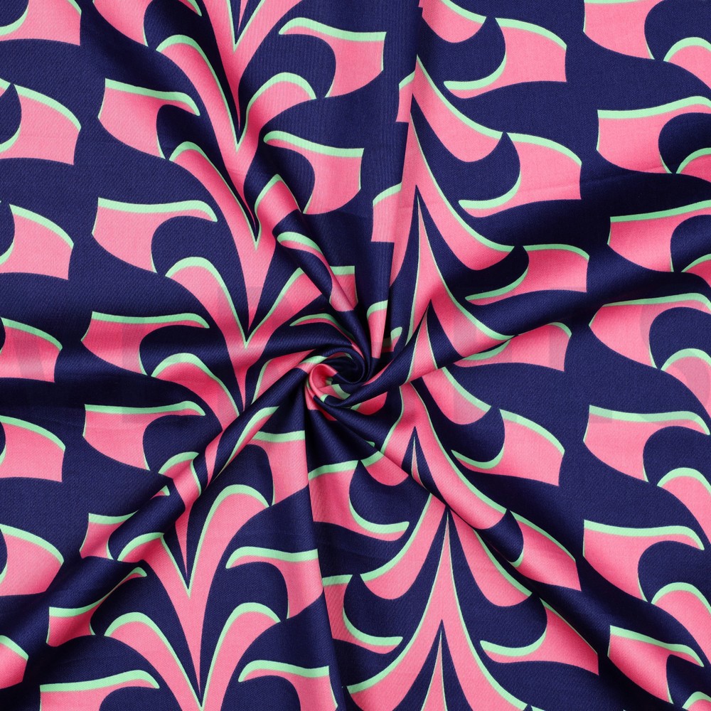KATOEN SATIJN ABSTRACTE BLOEMEN MARINEBLAUW #7