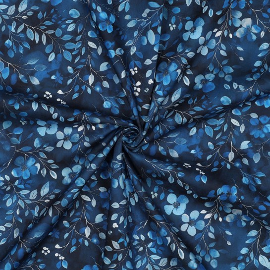 POPELINE DE COTON DIGITAL FEUILLES BLEU COBALT #7