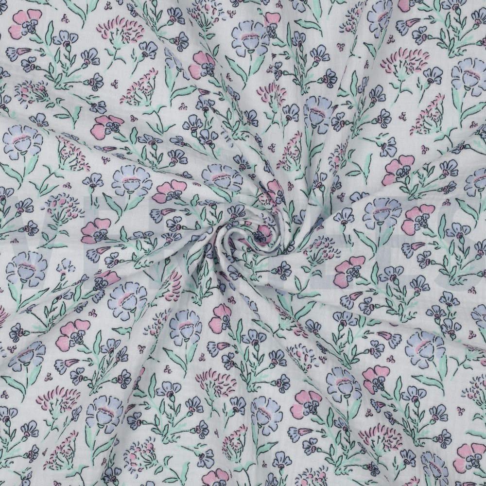 DOUBLE GAZE DE COTON FLEURS BLANC CASSÉ #7