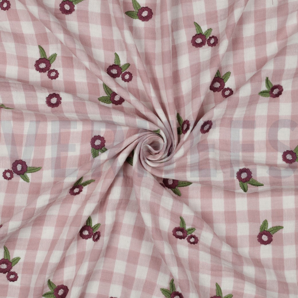 DOUBLE GAUZE CHECKS EMBROIDERY FLOWERS MAUVE #7